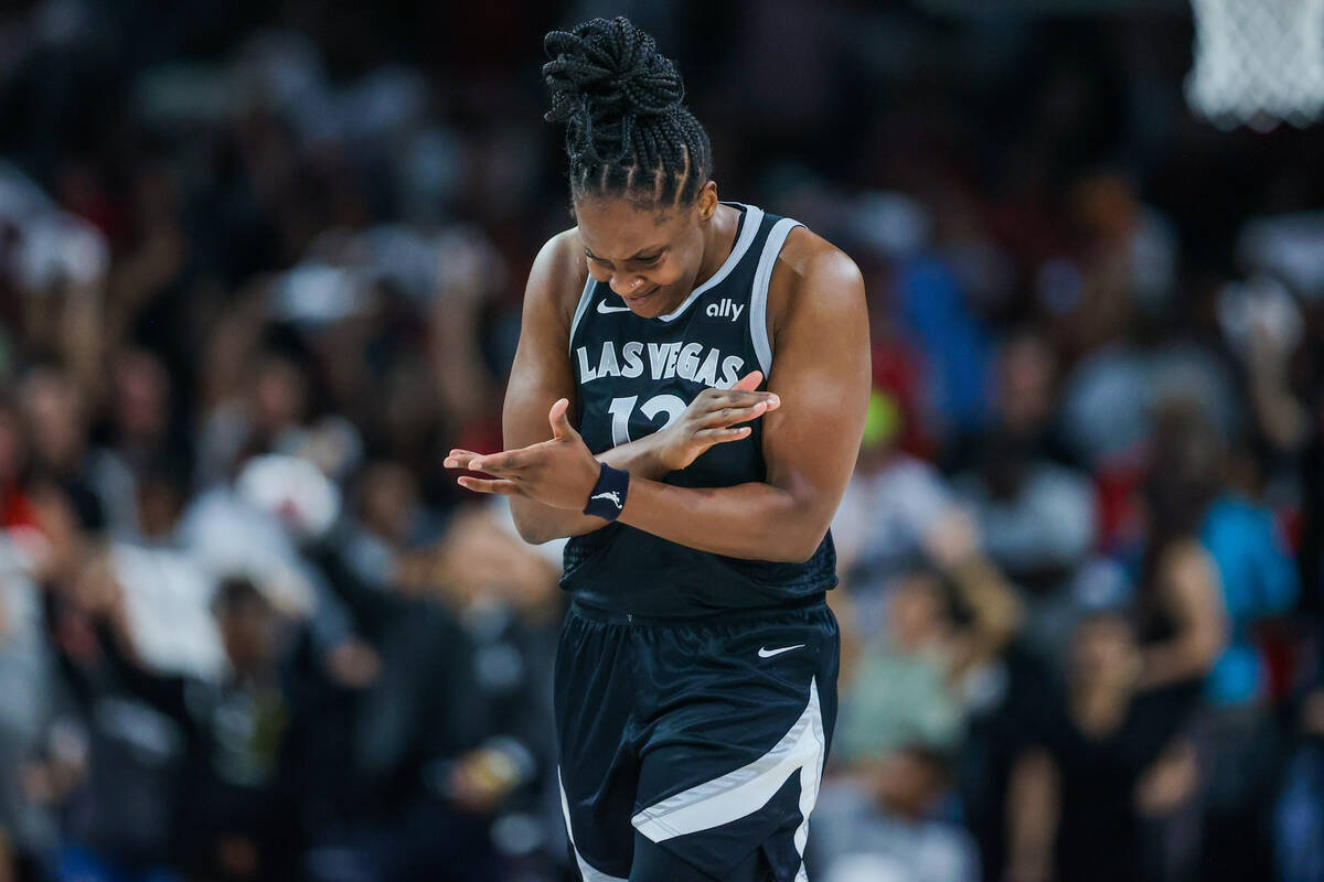 Aces guard Chelsea Gray gets pumped up in the fourth quarter during game one of a WNBA playoff ...