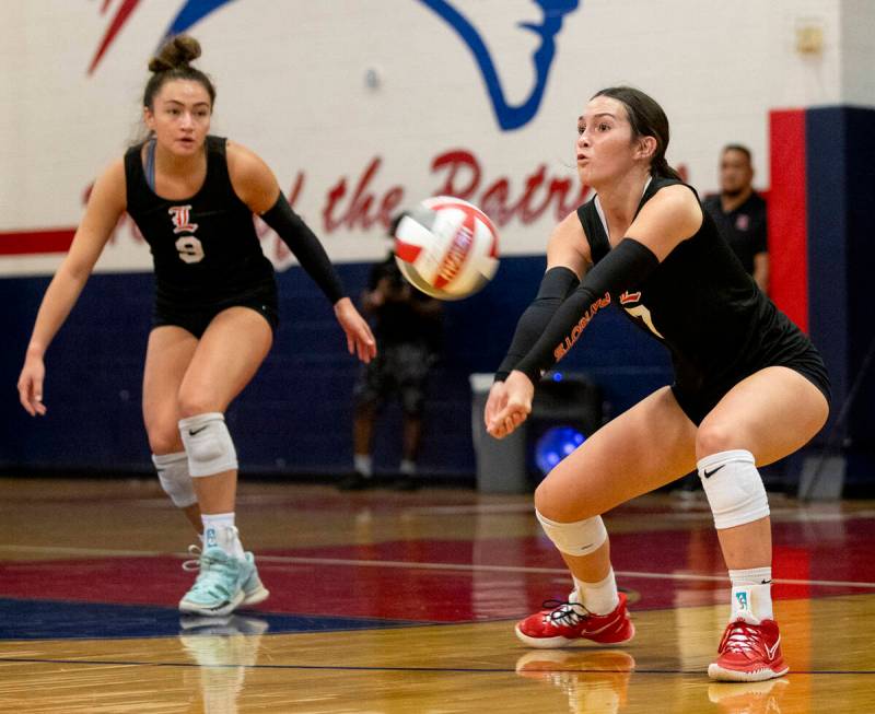 Liberty junior Mahana Conner (7) competes during the high school volleyball game against Corona ...