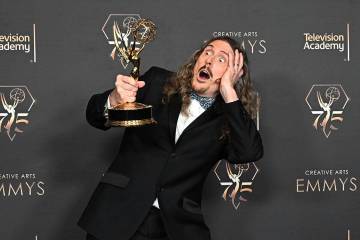 "Weird Al" Yankovic with their Emmy for outstanding television movie for "Weird: The Al Yankovi ...