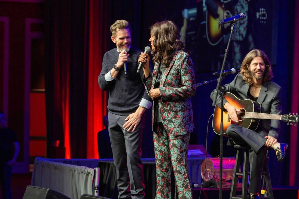 Joel McHale and co-host Aisha Tyler are shown at the 2024 Rise Up Gala, benefitting Tyler Robin ...