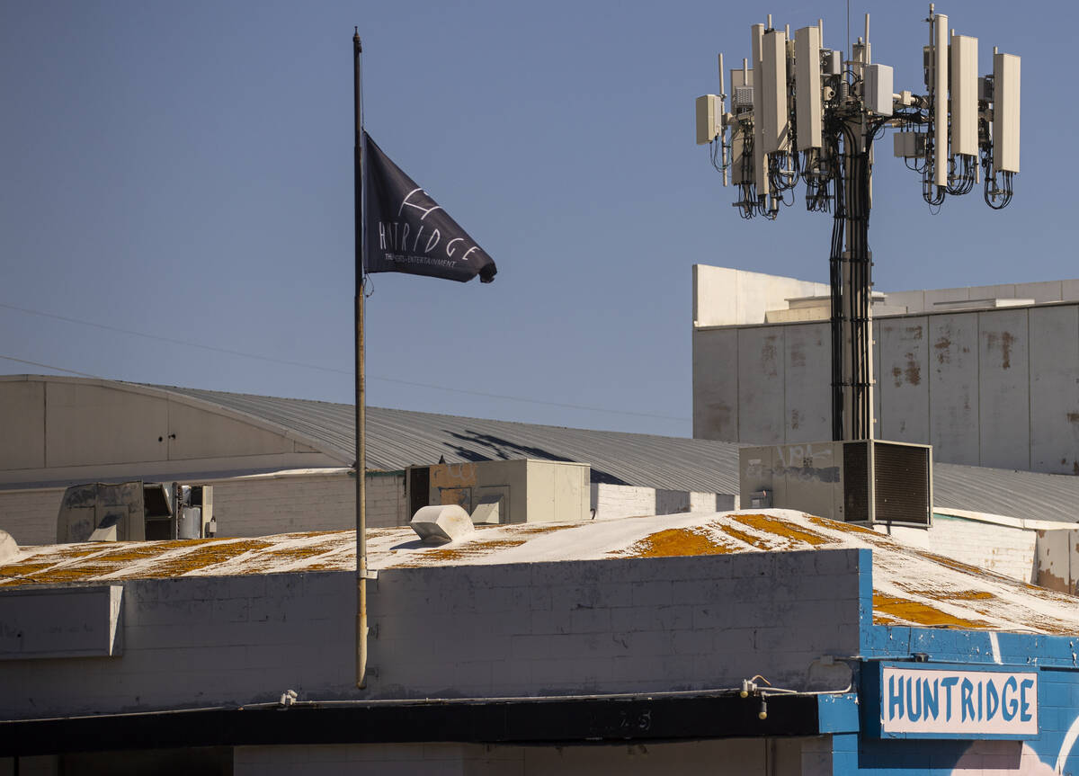 A cell tower is pictured adjacent to the Huntridge Theater on Tuesday, Sept. 24, 2024, in downt ...