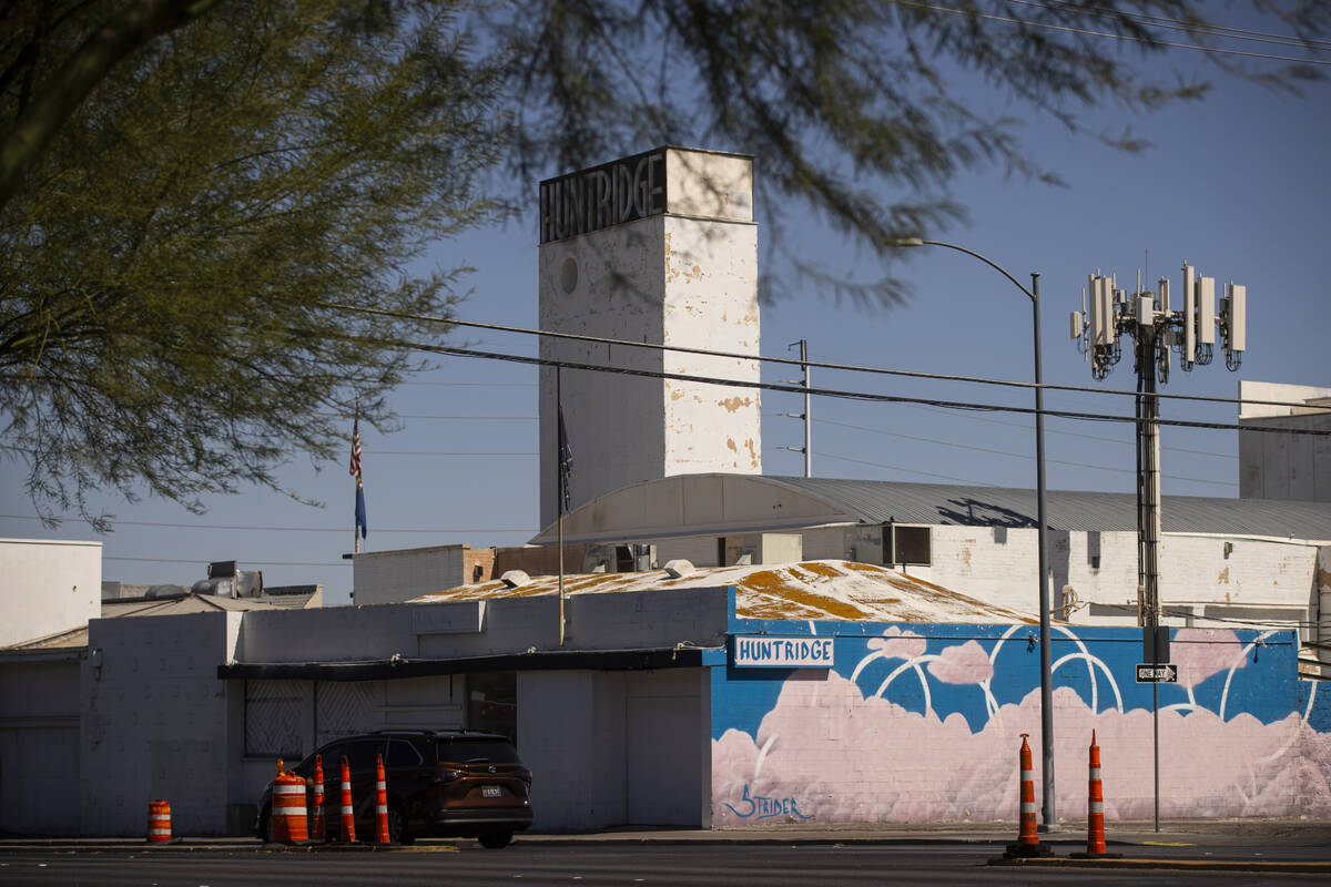 A cell tower is pictured adjacent to the Huntridge Theater on Tuesday, Sept. 24, 2024, in downt ...