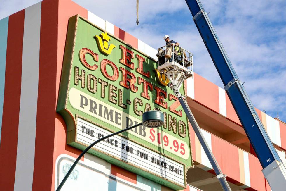 Crews move the El Cortez's "Prime Rib $19.95" sign to the Neon Museum. (Neon Museum)