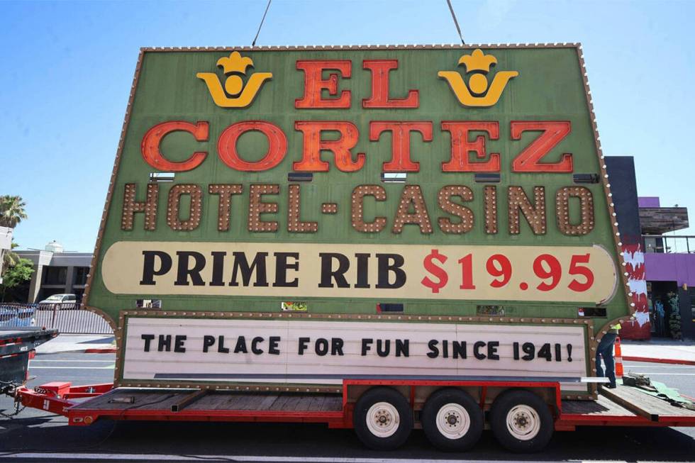 Crews move the El Cortez's "Prime Rib $19.95" sign to the Neon Museum. (Neon Museum)