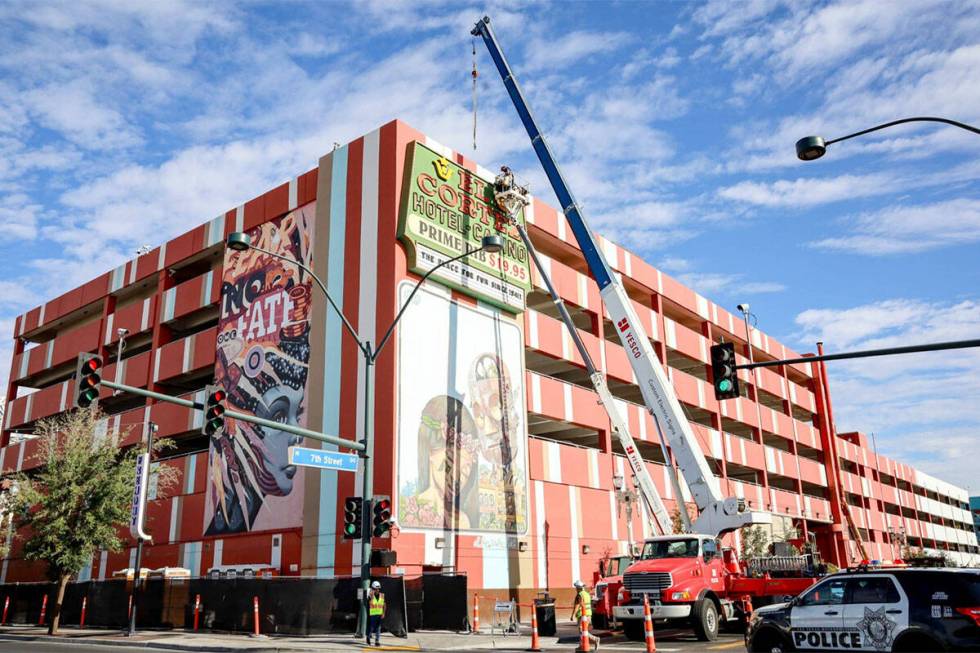 Crews move the El Cortez's "Prime Rib $19.95" sign to the Neon Museum. (Neon Museum)