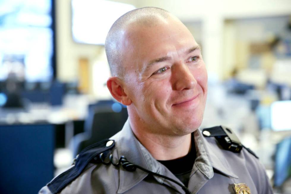 Nevada Highway Patrol trooper Jacob Fisher during a news conference at NHP Southern Command in ...