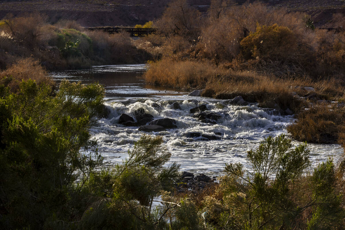 Water flows down a rapids area along the Las Vegas Wash above Lake Las Vegas on Feb. 13, 2024, ...