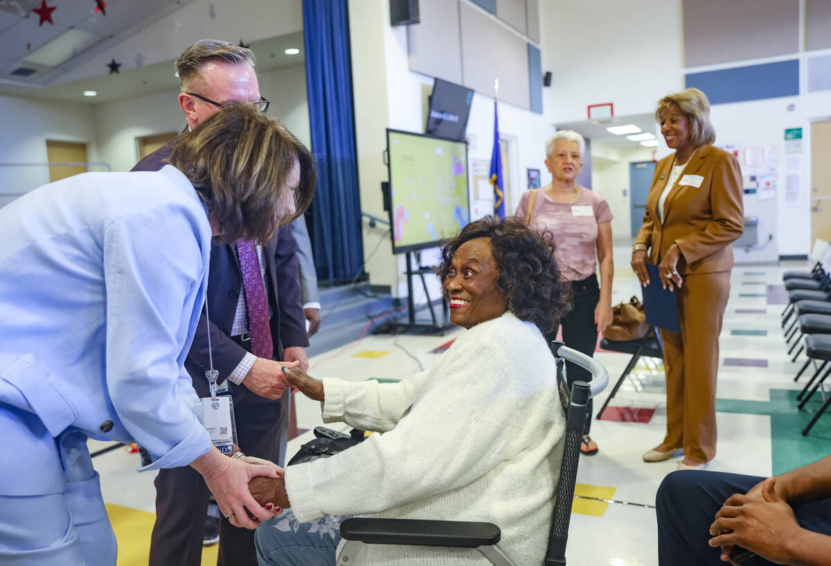 Clark County School District Interim Superintendent Brenda Larsen-Mitchell greets Ruby Dun ...