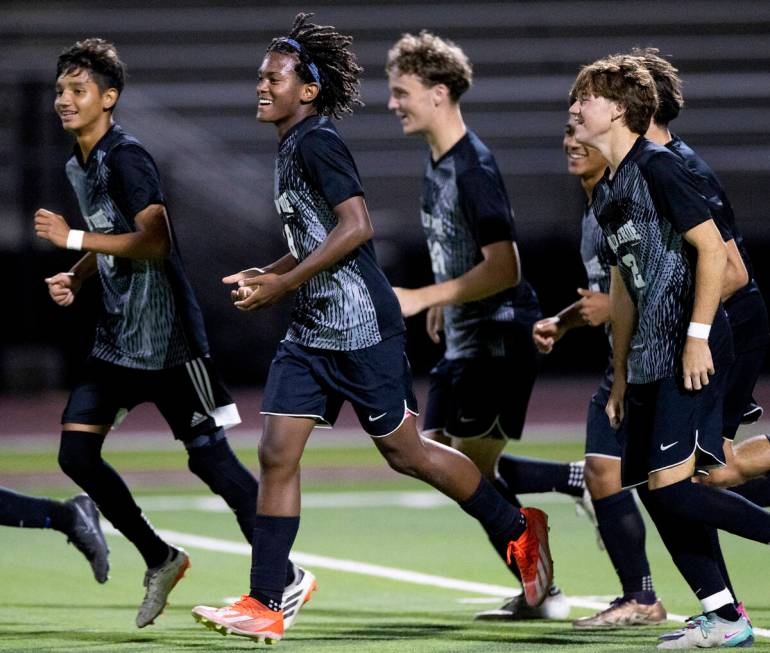 Palo Verde sophomore Shilo Stephenson (18) celebrates his goal with his teammates during the hi ...