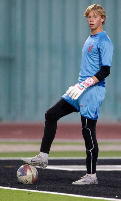 Palo Verde goalkeeper Landon Blanchard (1) controls the ball during the high school soccer game ...