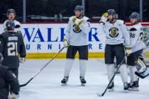 Golden Knights defenseman Brayden McNabb (3), center Nicolas Roy (10) and forward Alexander Hol ...