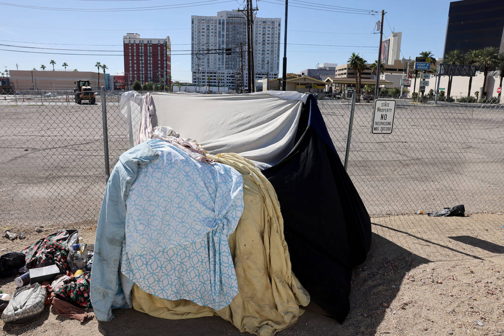 FILE - A shelter is shown off Las Vegas Boulevard near Mesquite Avenue in downtown Las Vegas Tu ...