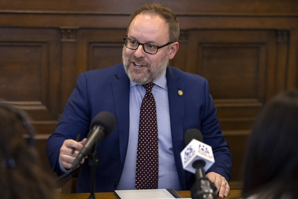 FILE - Nevada Treasurer Zach Conine speaks in a news conference during the first week of the 82 ...