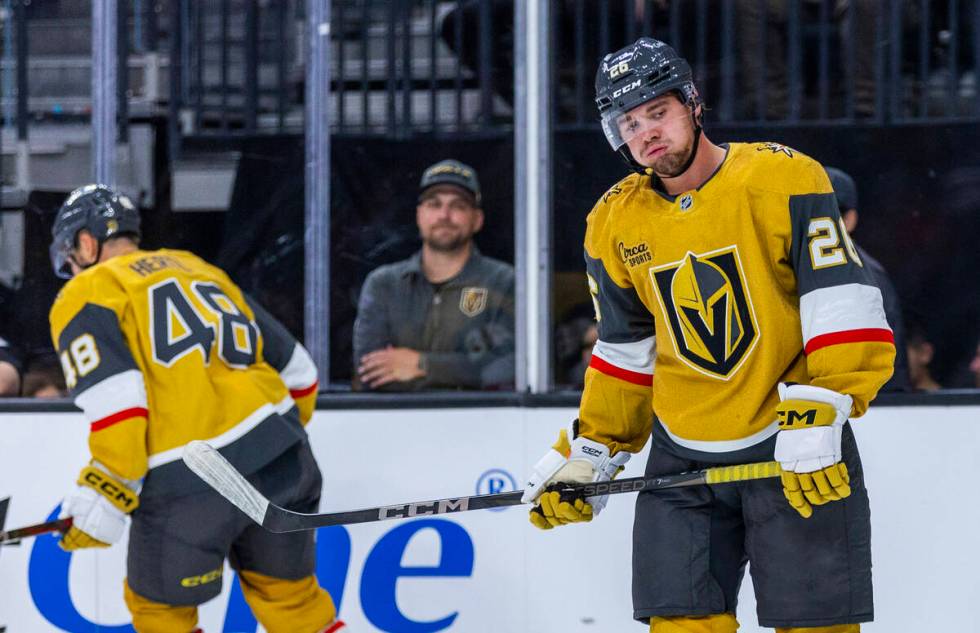 Golden Knights right wing Alexander Holtz (26) is dejected after a near miss against the Los An ...