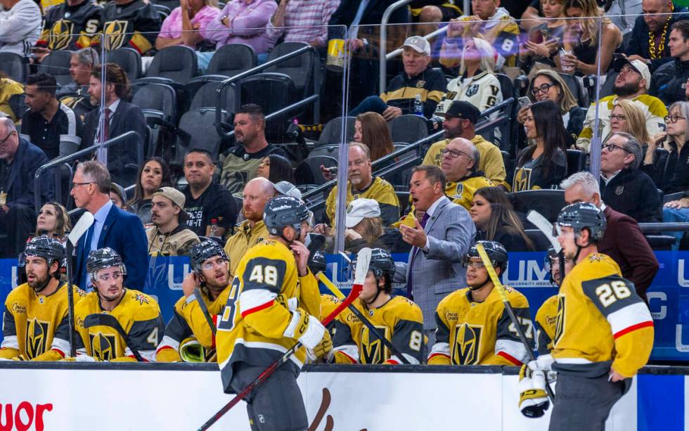 Golden Knights Head Coach Bruce Cassidy argues a penalty for the Los Angeles Kings during the s ...