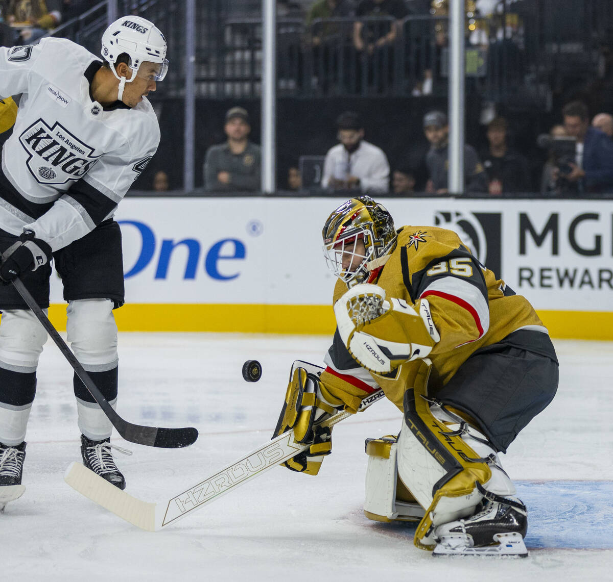 Golden Knights goaltender Ilya Samsonov (35) deflects a shot by Los Angeles Kings forward Andre ...