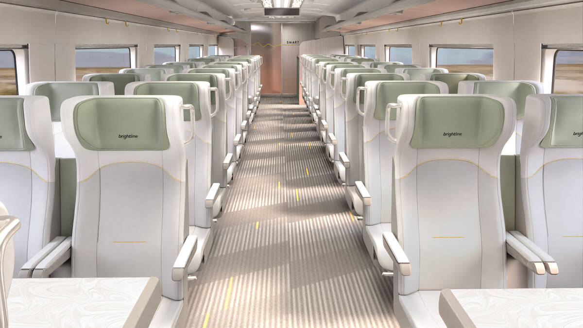 A rendering of the interior of a smart car of a Siemens Mobility American Pioneer 220 train, wh ...