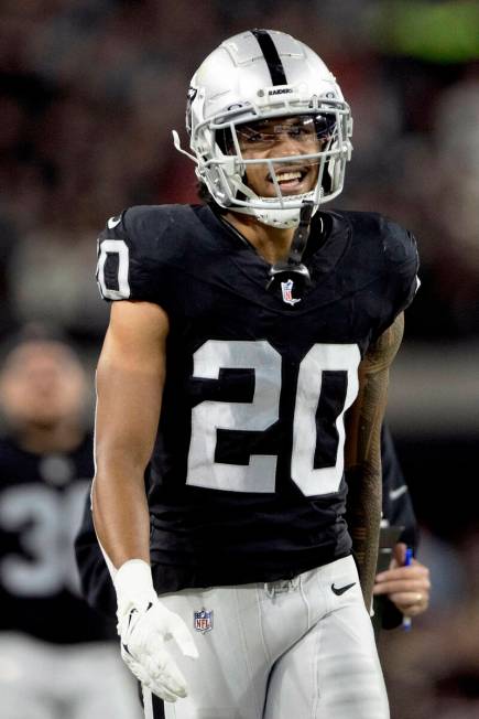 Raiders safety Isaiah Pola-Mao (20) on he sideline during the first half of an NFL game against ...