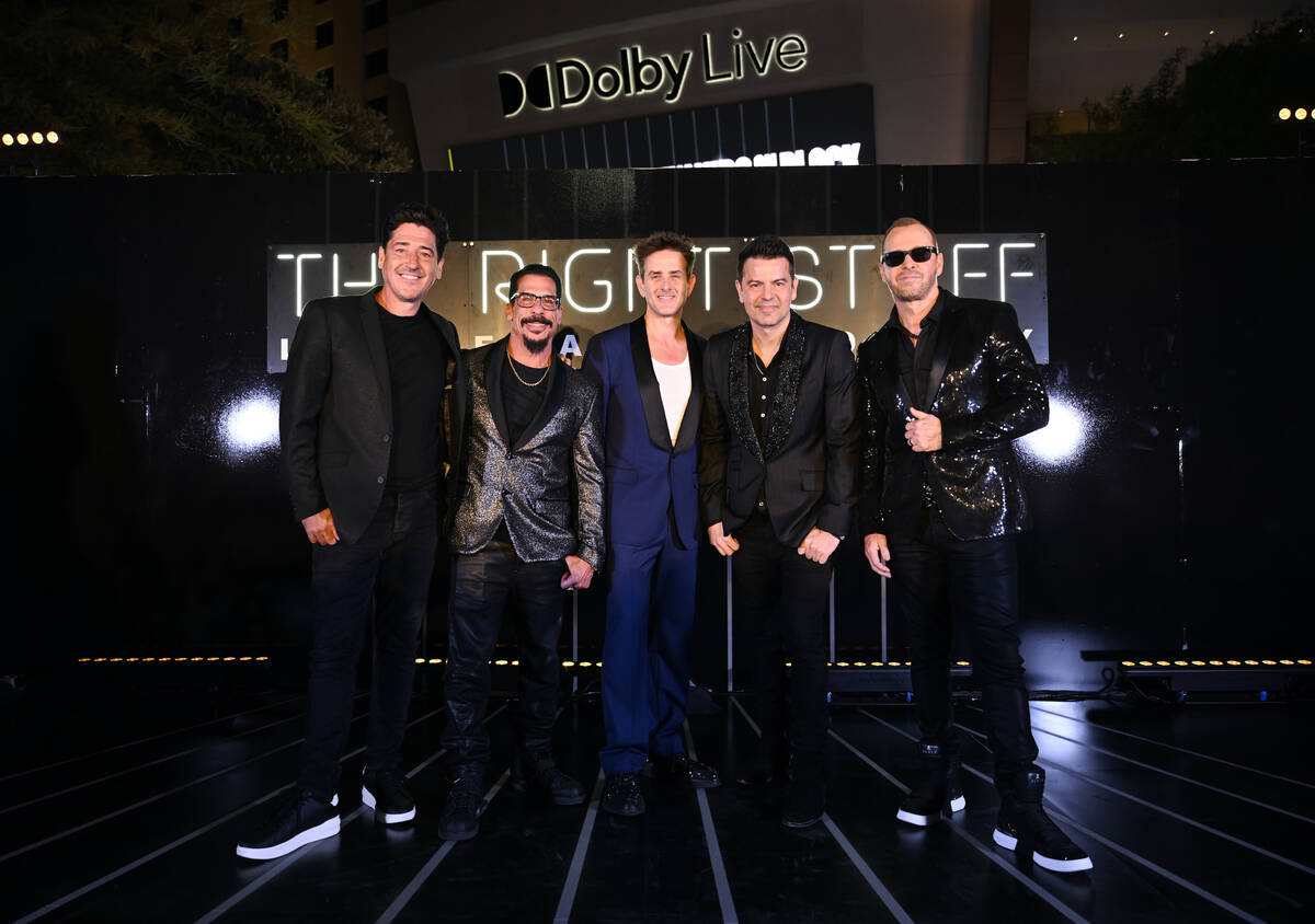 New Kids on the Block are shown at The Park outside Park MGM and T-Mobile Arena after announcin ...