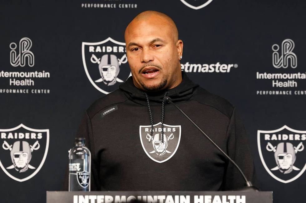 Raiders head coach Antonio Pierce answers media questions regarding defensive end Malcolm Koonc ...