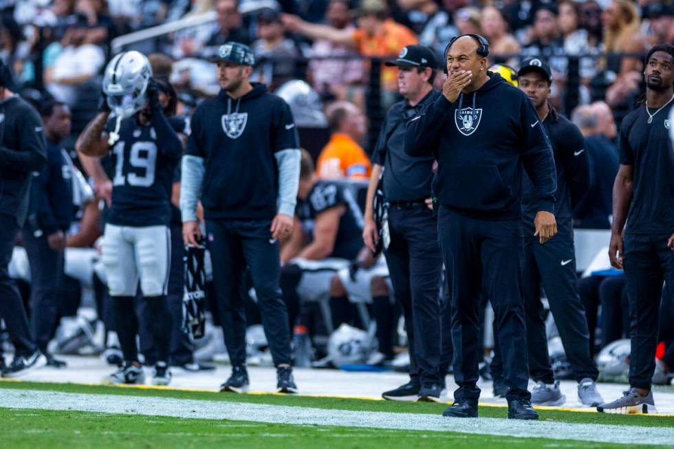 Raiders Head Coach Antonio Pierce is a bit concerned on the sidelines against the Carolina Pant ...