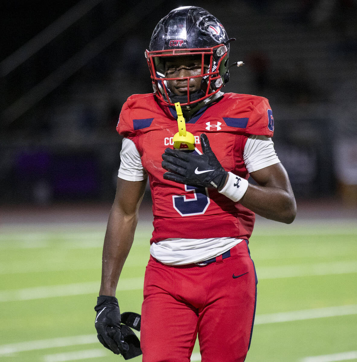 Coronado junior Ty Tinner (3) blames himself for fumbling a punt during the high school footbal ...