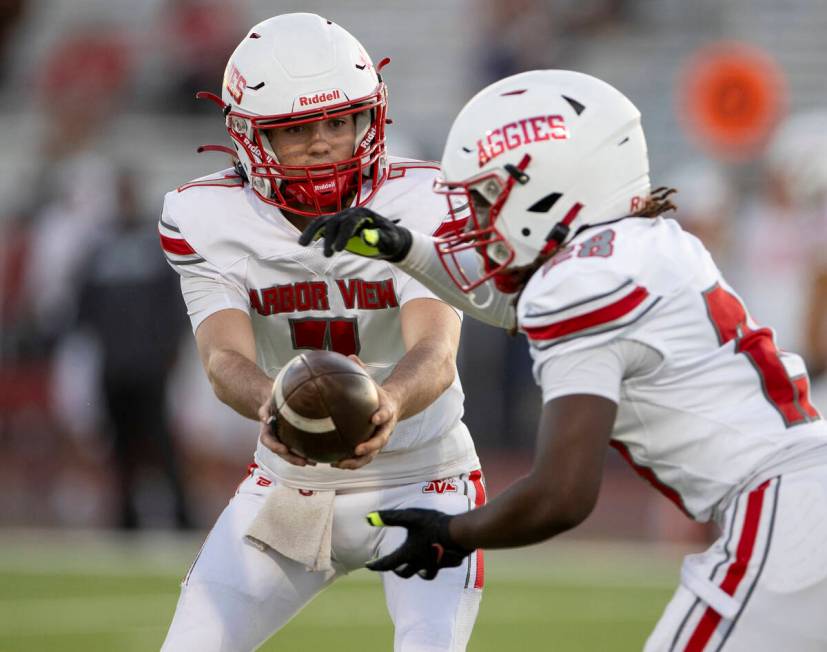 Arbor View quarterback Thaddeus Thatcher (7) hands the ball to running back Nylen Johnson (28) ...