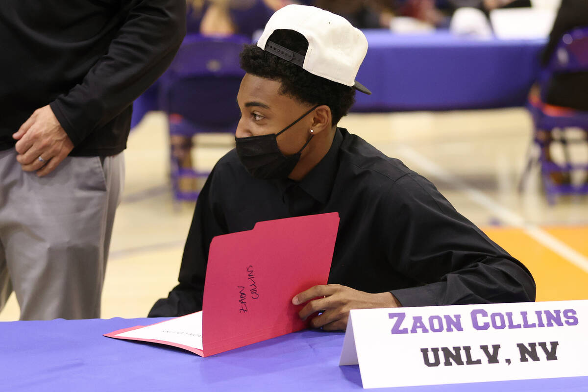 UNLV basketball commit Zaon Collins participates during a Signing Day ceremony at Bishop Gorman ...