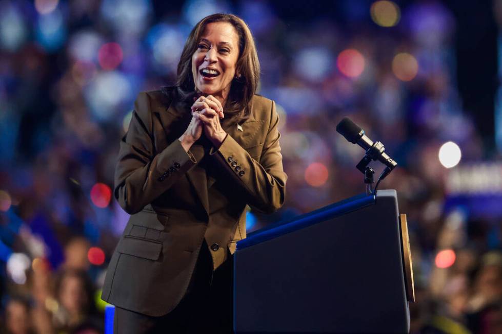 Democratic presidential nominee Vice President Kamala Harris speaks to a crowd during a campaig ...