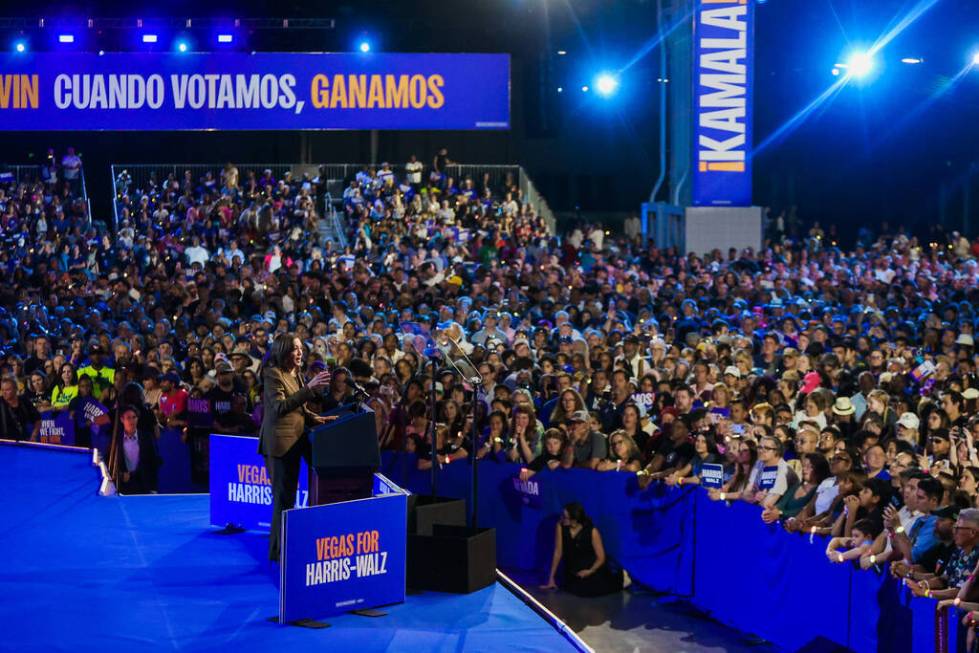 Democratic presidential nominee Vice President Kamala Harris speaks to a crowd during a campaig ...