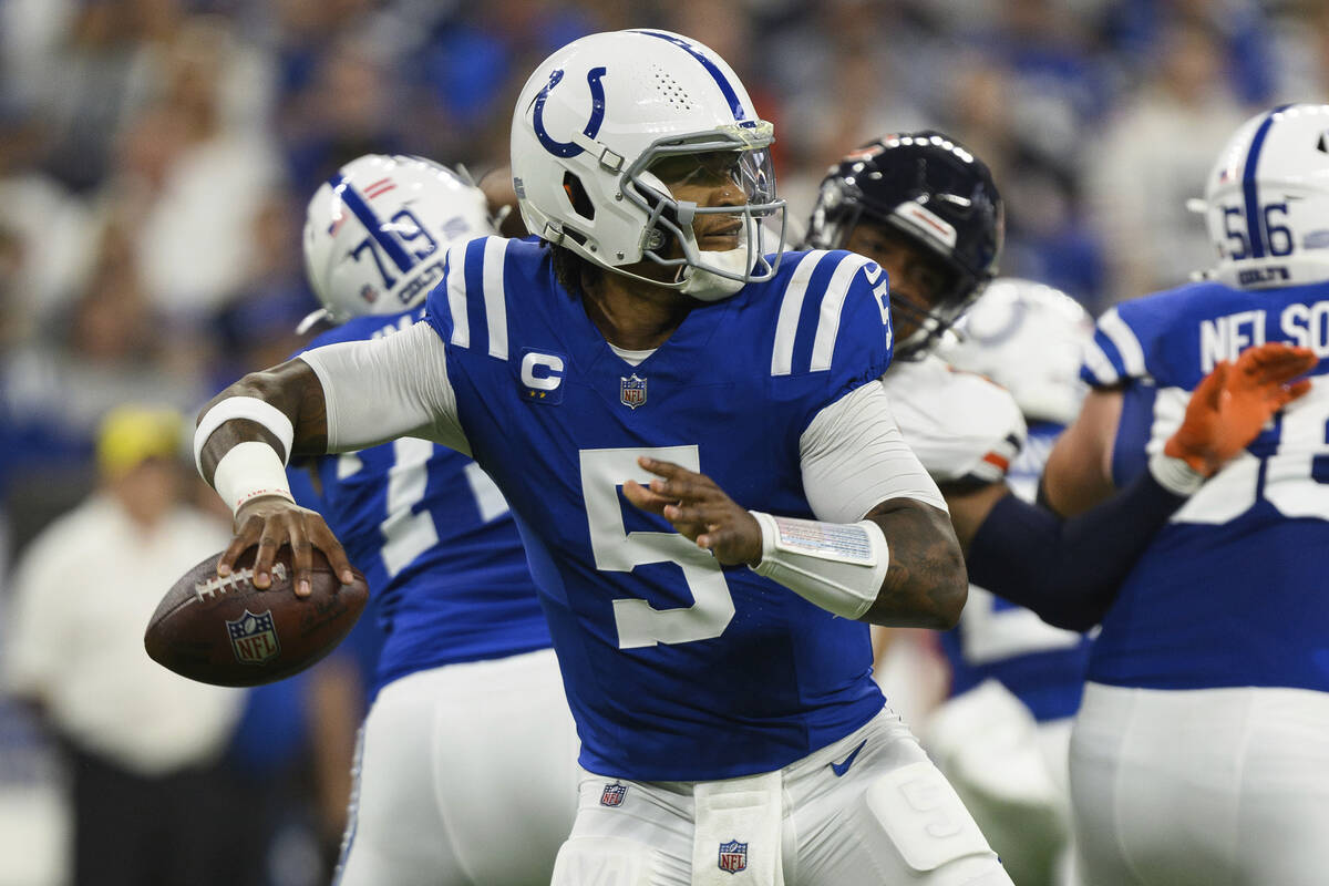 Indianapolis Colts quarterback Anthony Richardson (5) throws from the pocket during an NFL foot ...