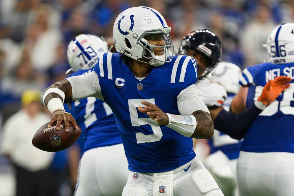 Indianapolis Colts quarterback Anthony Richardson (5) throws from the pocket during an NFL foot ...