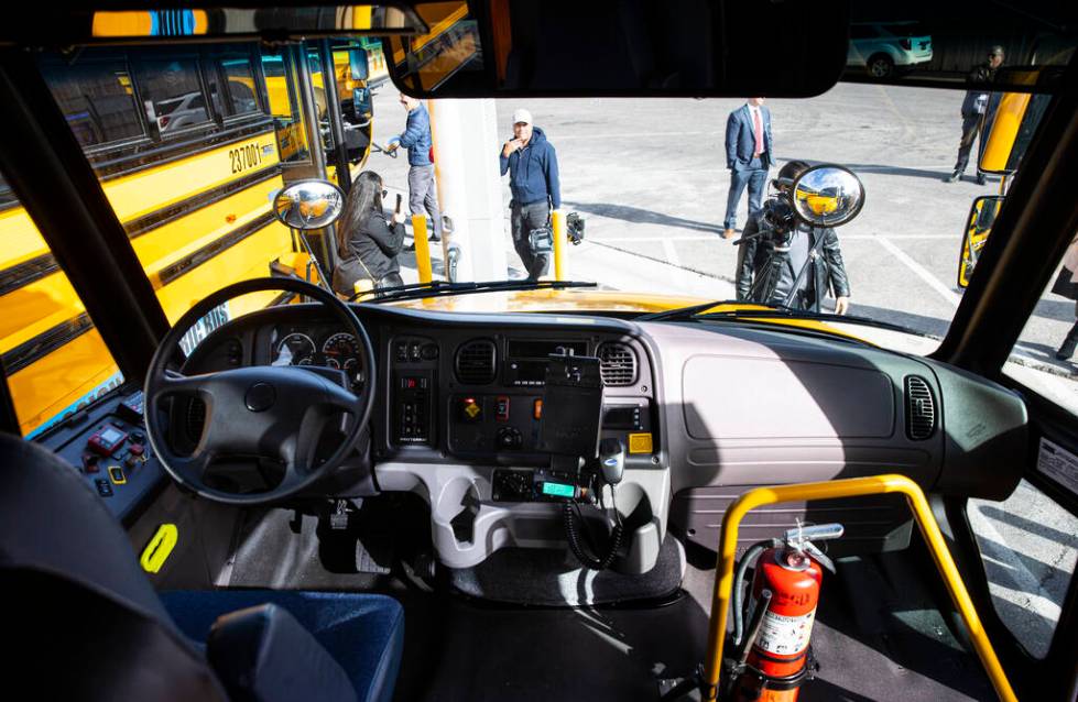 FILE - The dashboard of an electric school bus acquired by the Clark County School District is ...