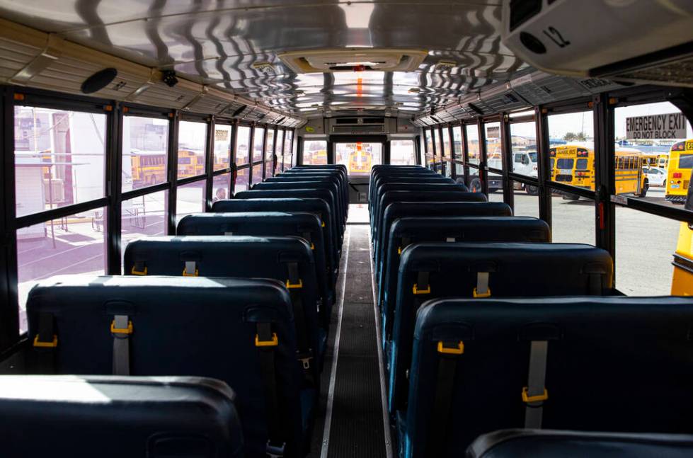 FILE - An interior view of an electric school bus acquired by the Clark County School District ...