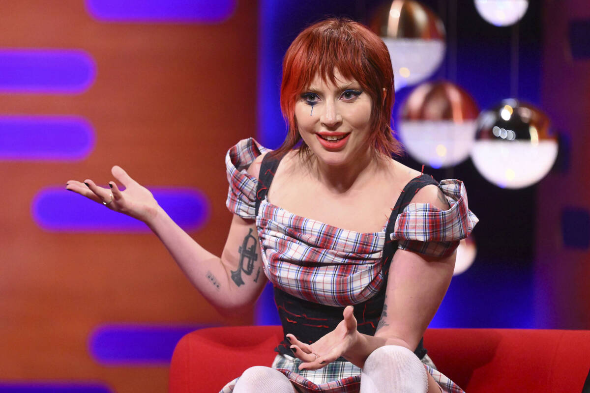 Lady Gaga gestures during filming for the Graham Norton Show, at BBC Studioworks 6 Television C ...