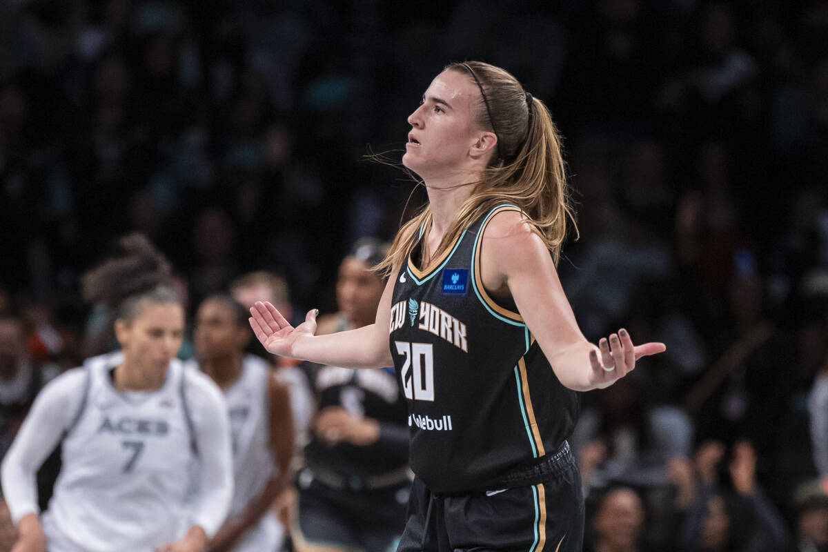 New York Liberty guard Sabrina Ionescu (20) celebrates after a basket during the second half of ...