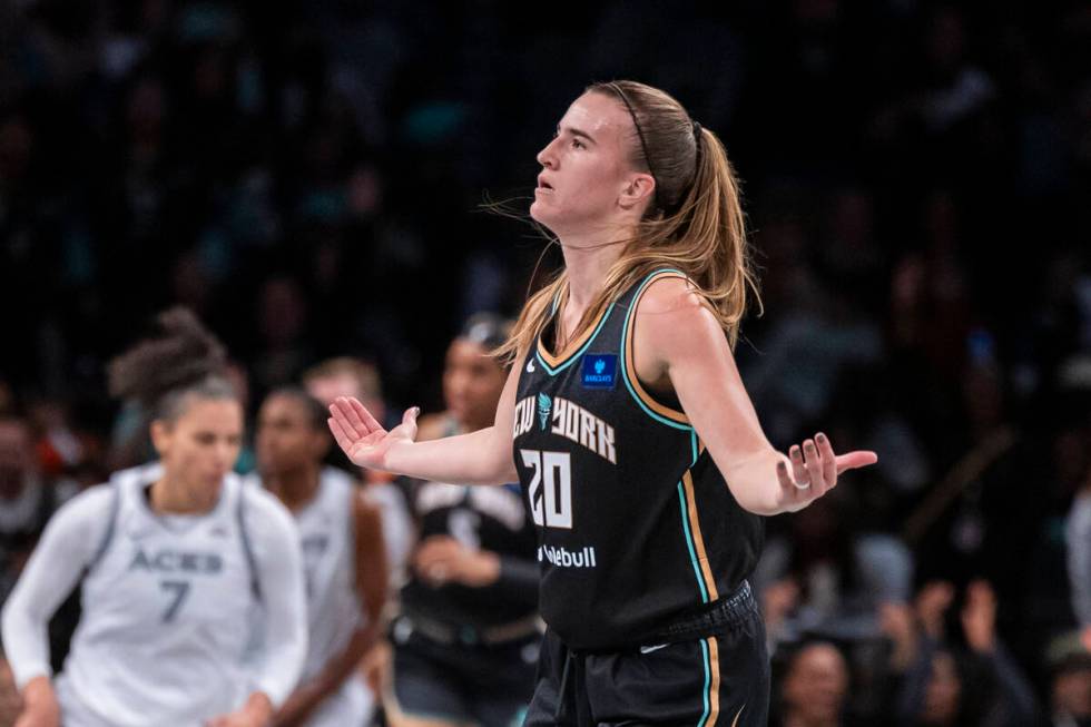 New York Liberty guard Sabrina Ionescu (20) celebrates after a basket during the second half of ...