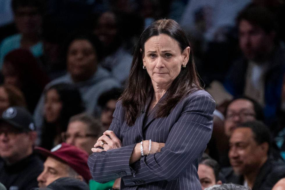 New York Liberty head coach Sandy Brondello looks on during the first half of a WNBA basketball ...