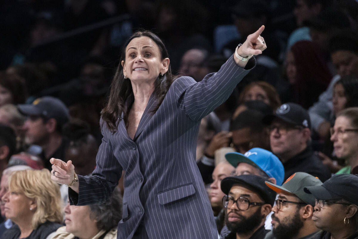 New York Liberty head coach Sandy Brondello reacts during the first half of a WNBA basketball s ...