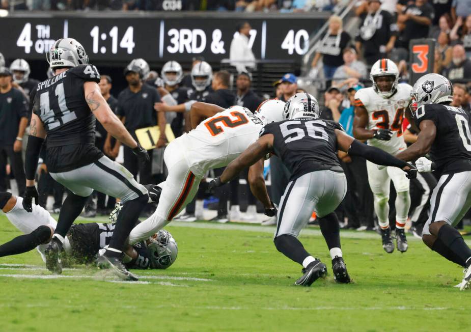 The Cleveland Browns wide receiver Amari Cooper (2) is surrounded by Raiders defense during the ...