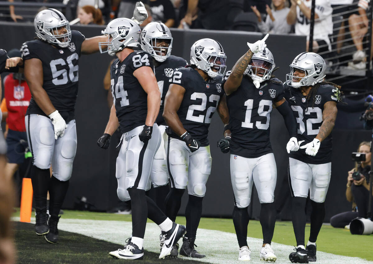 Raiders wide receiver DJ Turner (19) celebrates his touchdown against Cleveland Browns during t ...