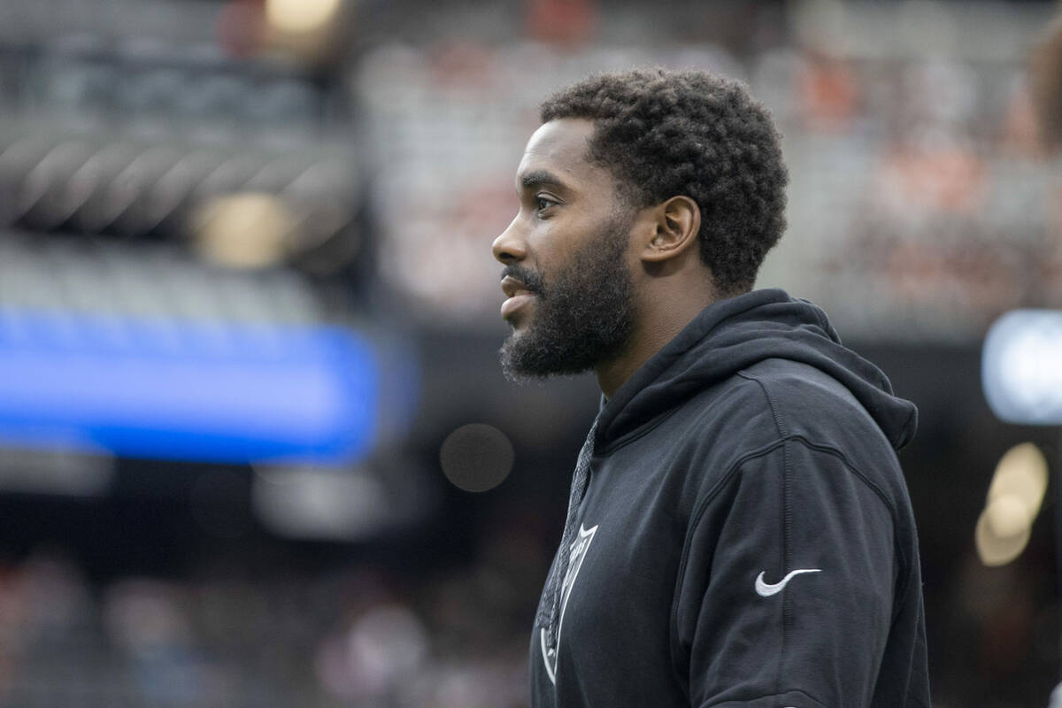 Raiders linebacker Divine Deablo walks the field before an NFL game against the Cleveland Brown ...