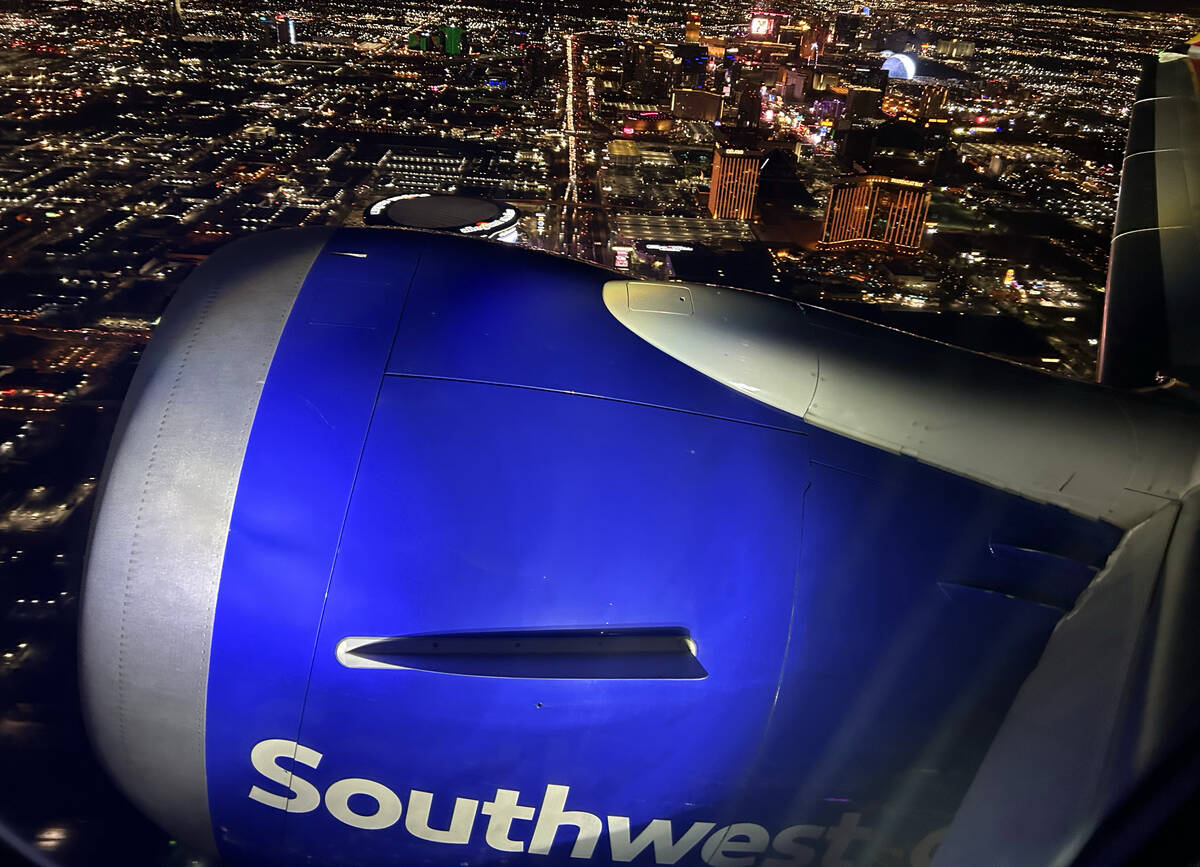 A Southwest Airlines plane takes off from Harry Reid International Airport, on Thursday, Sept. ...