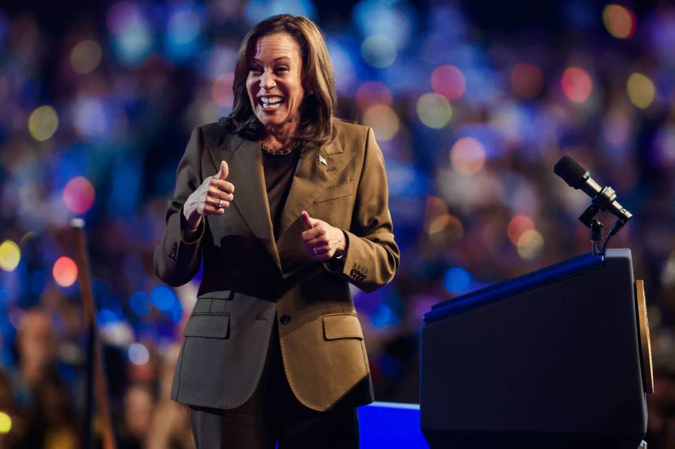 Democratic presidential nominee Vice President Kamala Harris speaks to a crowd during a campaig ...