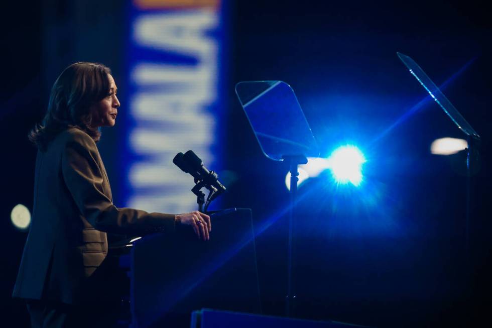 Democratic presidential nominee Vice President Kamala Harris speaks to a crowd during a campaig ...