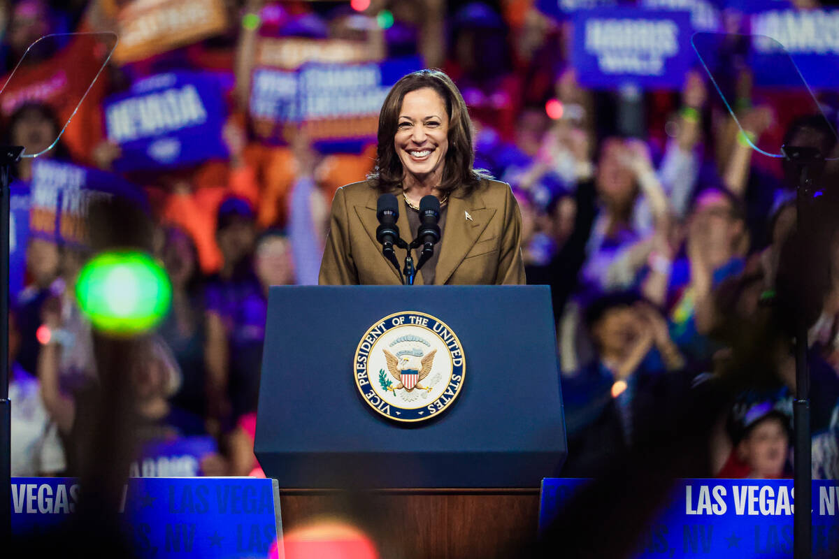 Democratic presidential nominee Vice President Kamala Harris speaks to a crowd during a campaig ...