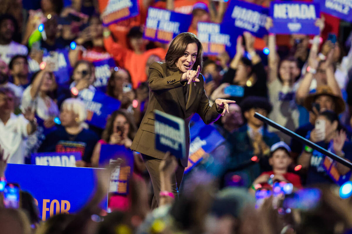 Democratic presidential nominee Vice President Kamala Harris speaks to a crowd during a campaig ...