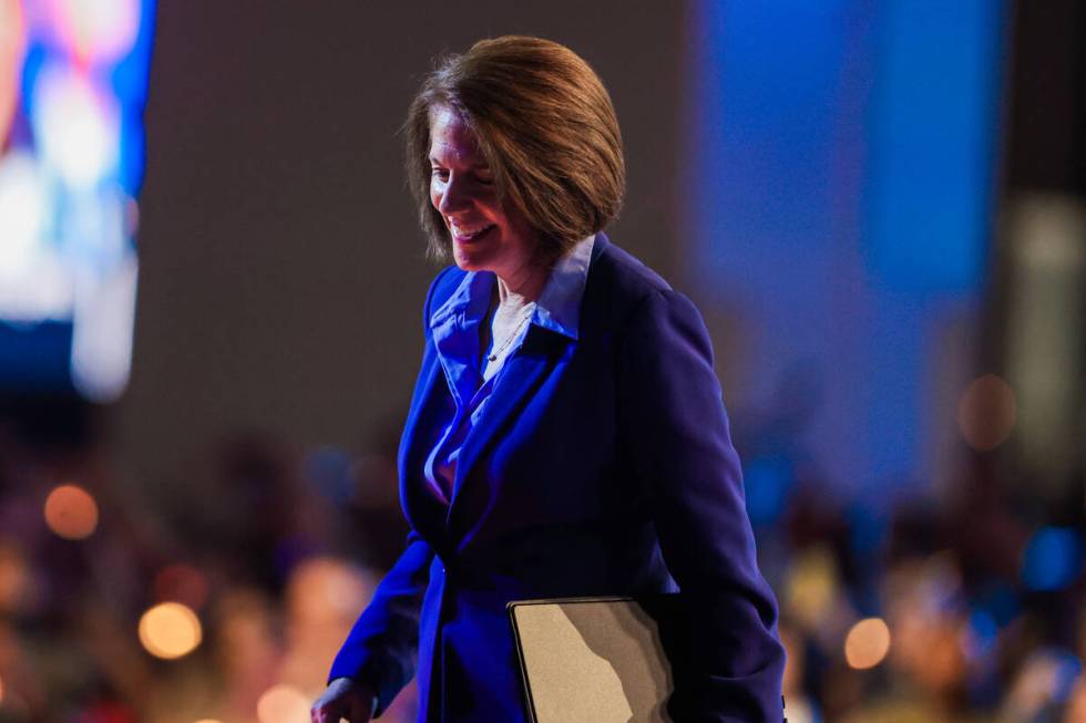 U.S. Senator Catherine Cortez Masto, D-Nev., walks off stage after speaking to a crowd during a ...