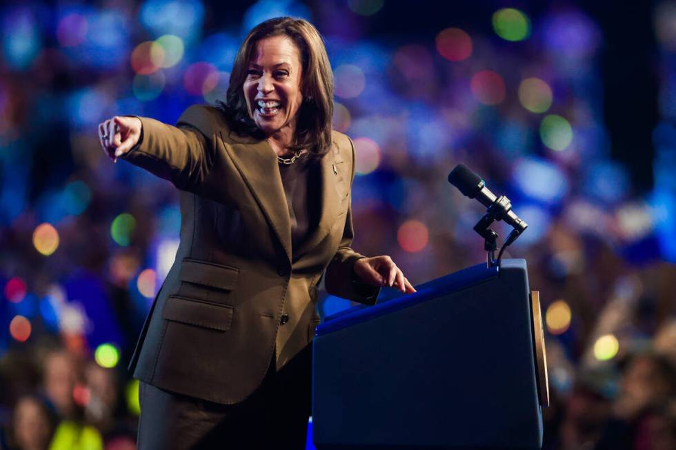 Democratic presidential nominee Vice President Kamala Harris speaks to a crowd during a campaig ...