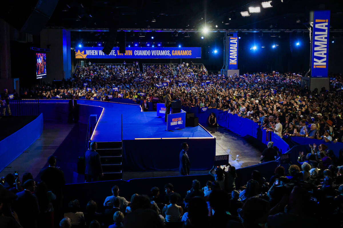 Democratic presidential nominee Vice President Kamala Harris speaks to a crowd during a campaig ...